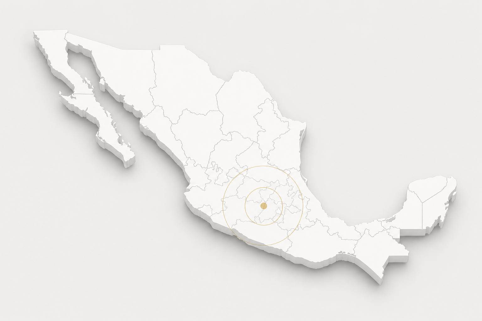 Mapa de México con Querétaro como punto central y radios de referencia de 200 y 400 kilómetros