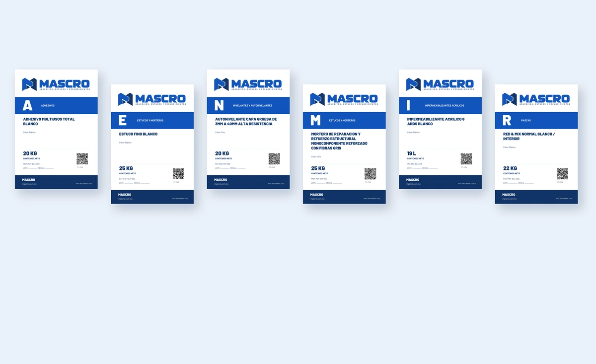 Composici&oacute;n conceptual de sacos, cubetas y caja de las familias de productos MASCRO de Fase 1 y Fase 2
