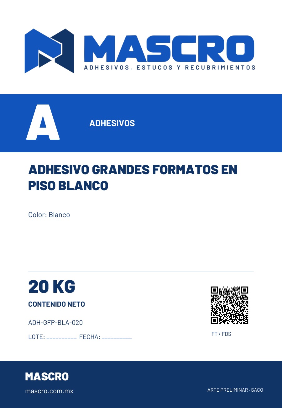 Empaque preliminar de Adhesivo Grandes Formatos en Piso Blanco
