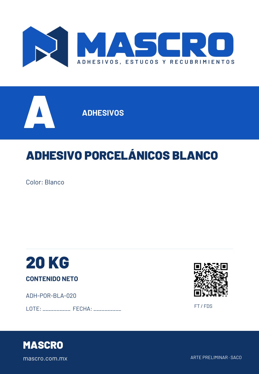 Empaque preliminar de Adhesivo Porcel&aacute;nicos Blanco