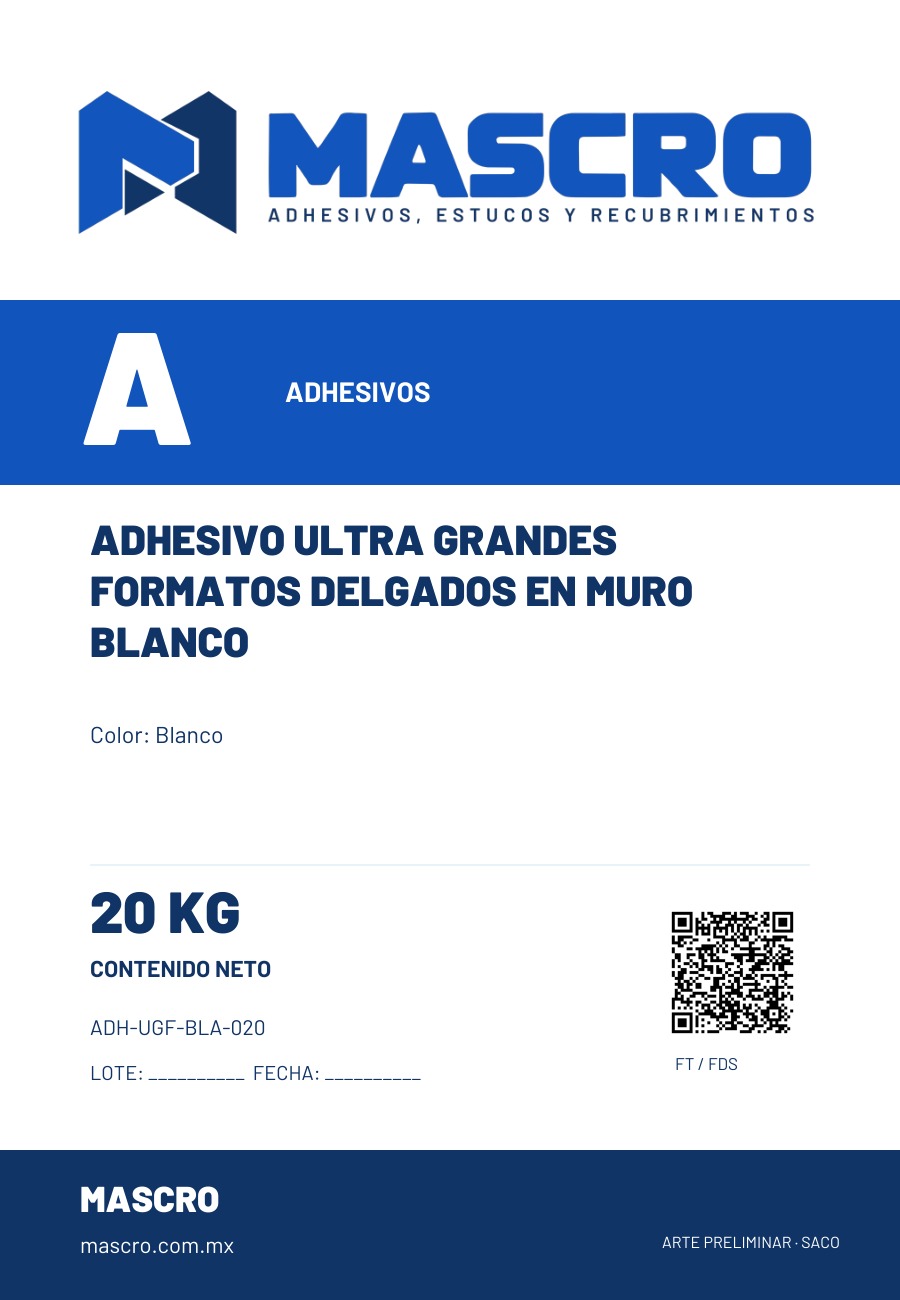 Empaque preliminar de Adhesivo Ultra Grandes Formatos Delgados en Muro Blanco