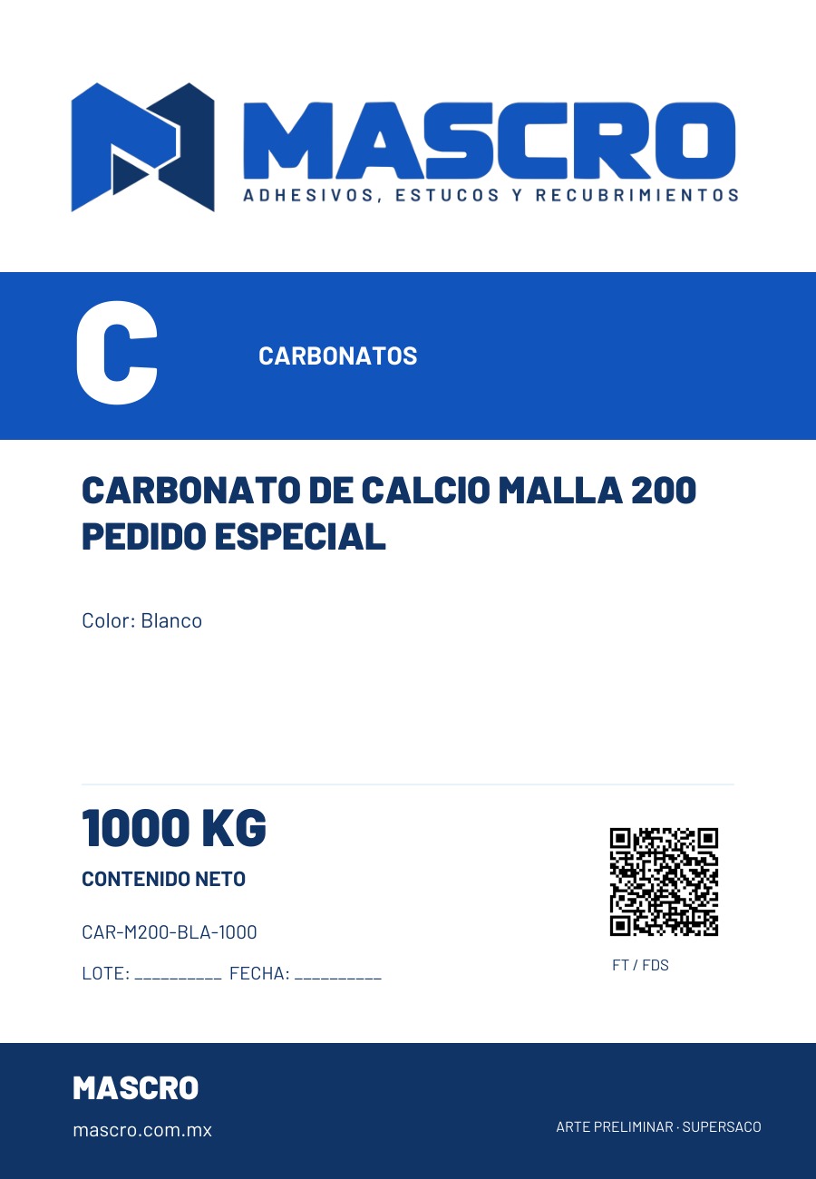 Empaque preliminar de Carbonato de calcio malla 200 pedido especial