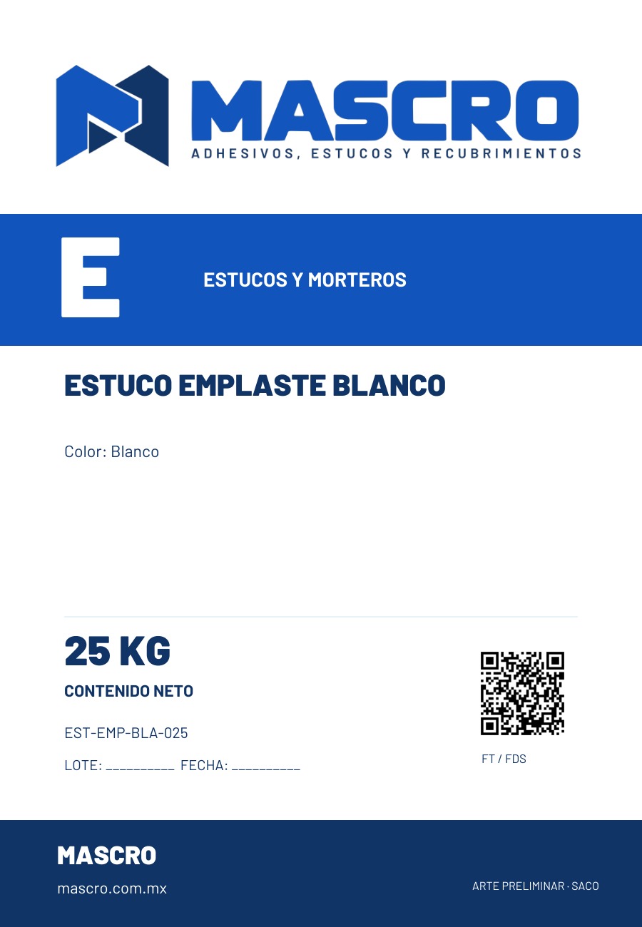 Empaque preliminar de Estuco Emplaste Blanco