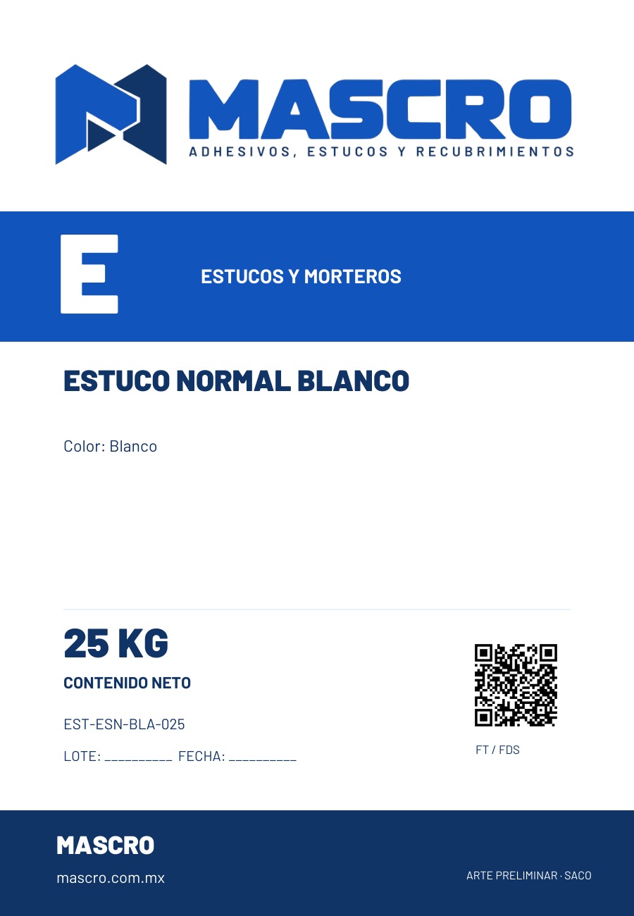 Empaque preliminar de Estuco Normal Blanco