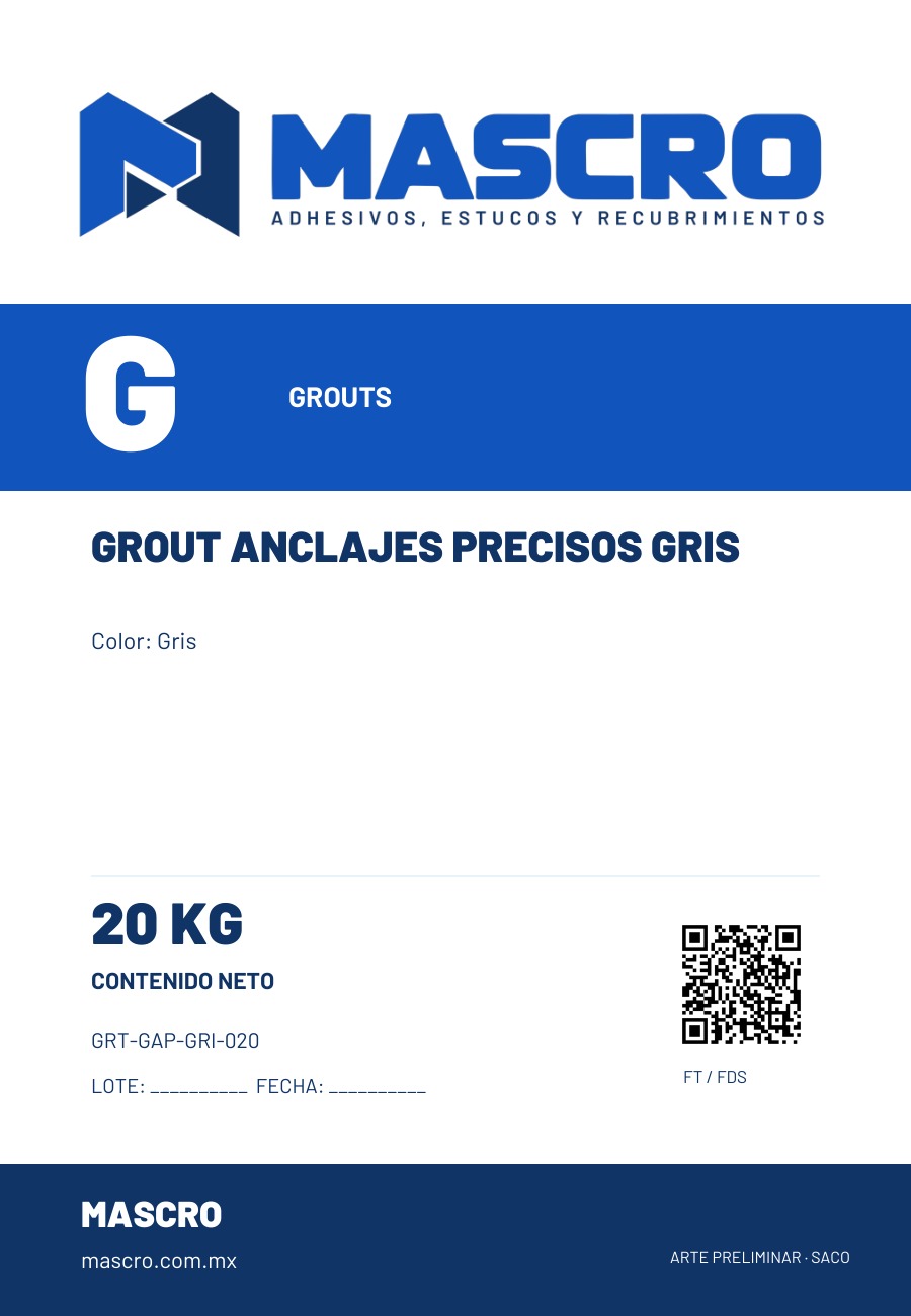 Empaque preliminar de Grout Anclajes Precisos Gris