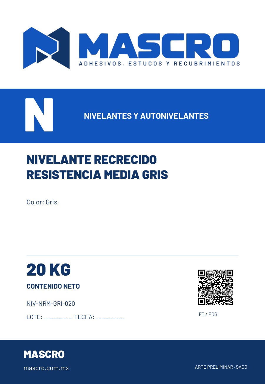 Empaque preliminar de Nivelante Recrecido Resistencia Media  Gris